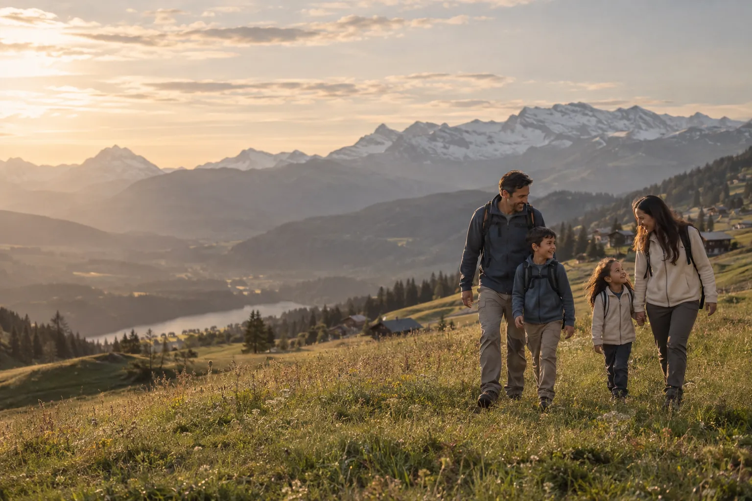 Una familia pasea por un prado de montaña en Suiza al atardecer